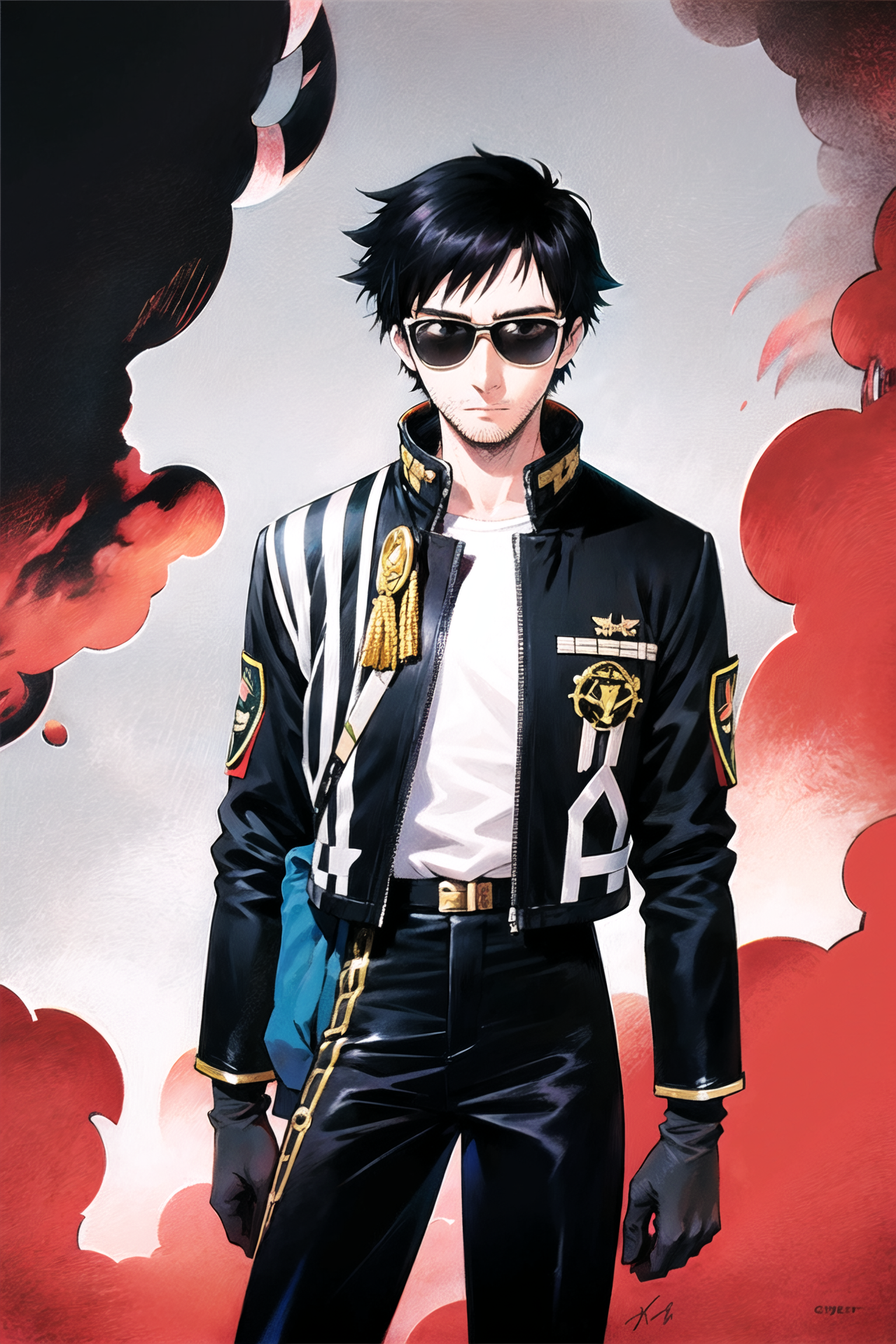 05422-3966971769-male focus, 1boy, solo, gloves, black hair, white gloves, smoke, adjusting eyewear, uniform, military, jacket, standing, sunglas.png